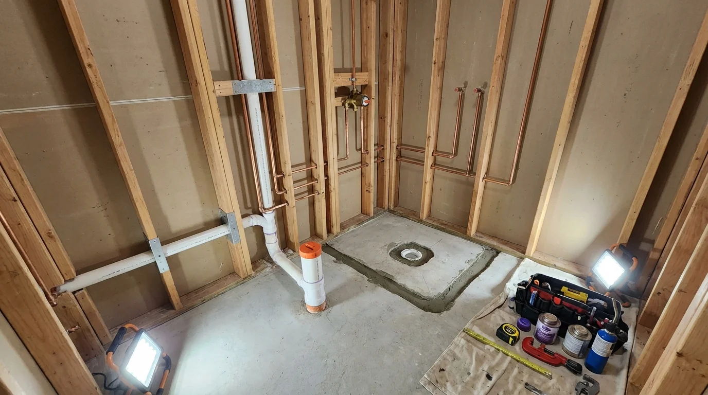 Bathroom rough-in plumbing during remodel by Johns Plumbing LLC in Tahoma