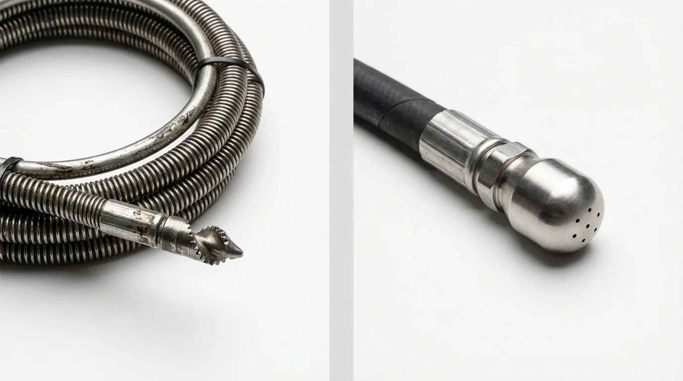 Drain snake cable and hydro jetting nozzle used for drain cleaning in Tahoma, CA