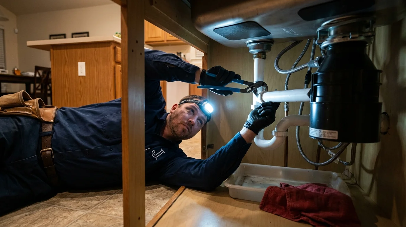 P-trap and supply line connections under a kitchen sink showing a common leak point in Tahoma, CA